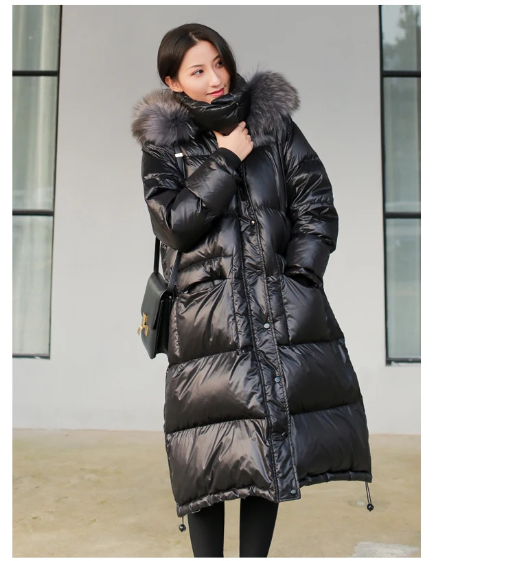 Натуральный мех с капюшоном пуховик пальто толстый белый утиный пух женский корейский черный длинный теплый ветровка Блестящий глянцевый Зимний пуховик