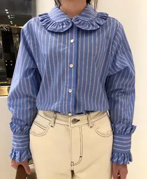 

Women's Striped Shirt Peter Pan Collar Retro Long-sleeved Ladies Sweet Blouses