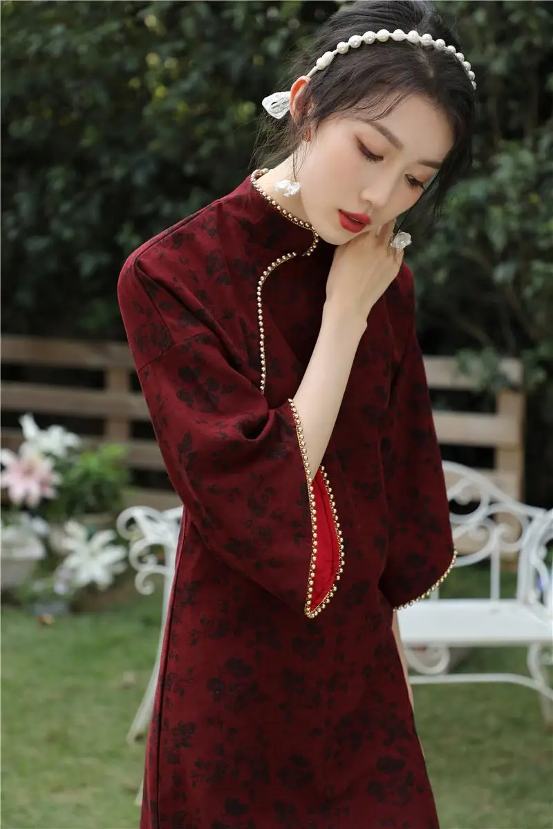 Chinese style dress red printing qipao qiu dong modified dress of the republic of China