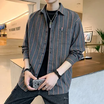 

2019 Spring And Autumn New Youth Men's Striped Print Long-sleeved Fashion Casual Shirt Tide Gray / Military Green M-5XL