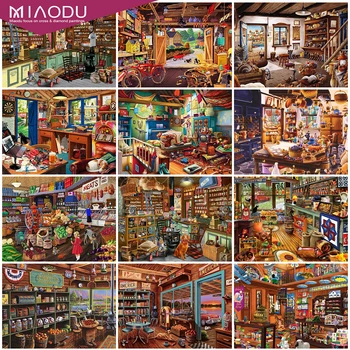 

Miaodu 5D DIY Diamond Embroidery Shop Craft Kit Full Square Diamond Painting Landscape Cross Stitch Mosaic Wall Decoration