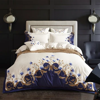 

White Blue Embroidered Bedding set Luxury Egyptian Cotton Soft Royal Bed set Duvet Cover Bed Sheet set 4Pcs King Queen size