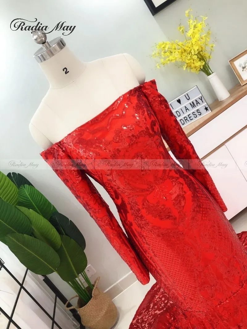 Elegant Off Shoulder Red Long Sleeves Mermaid Prom Dresses 2k19 Sparkly Sequin African Plus Size Formal Gowns Graduation Dress