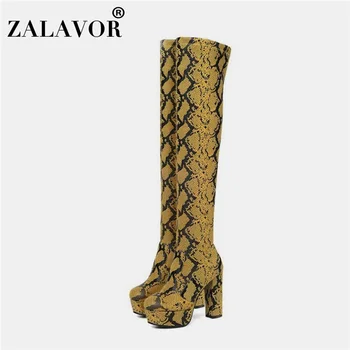 

ZALAVOR 2020 Platform Fashion Snakeskin Winter Women Shoes Square High Heel Round Toe Casual Over The Knee Boots Size 34-43
