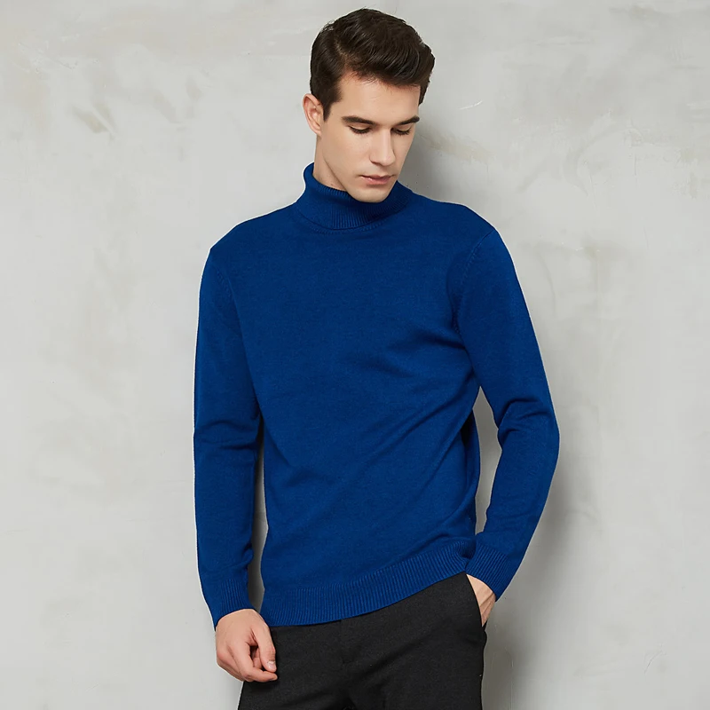 Winter Men's Turtleneck Sweater Thicken Warm Fashion Solid Color Youth Casual Soft 8-color Sweater Male Brand Clothes - Цвет: Синий