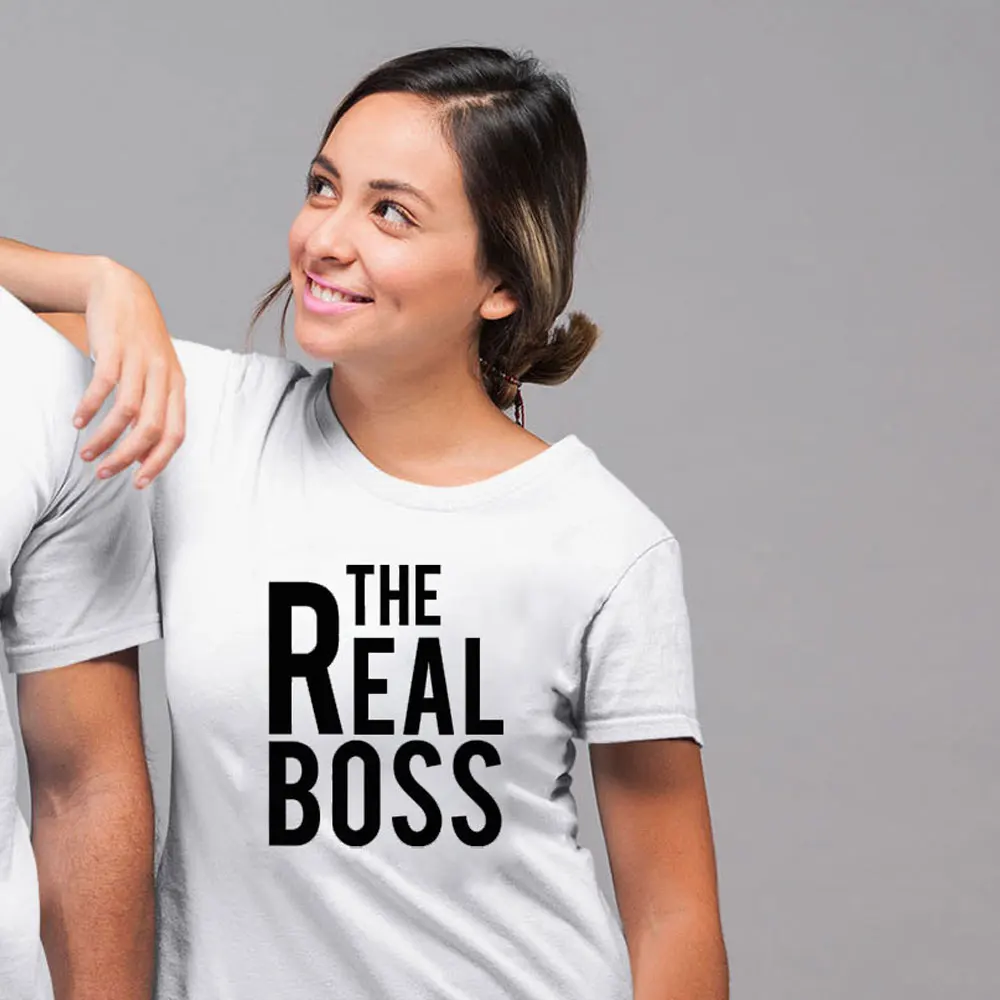 the real boss-white The Boss The Real Boss, футболка для пары, смешная, 90 s, унисекс, подходящая парная футболка, повседневная, женская, на День святого Валентина, Подарочная футболка, топ - Цвет: the real boss-white