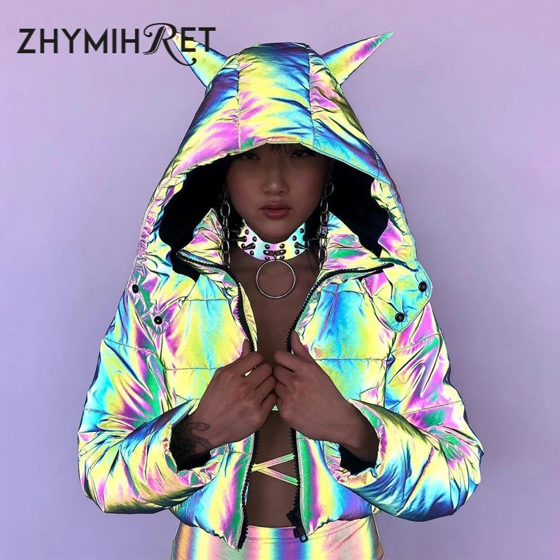 ZHYMIHRET 2019 зимняя куртка светоотражающие парки с капюшоном для женщин длинным