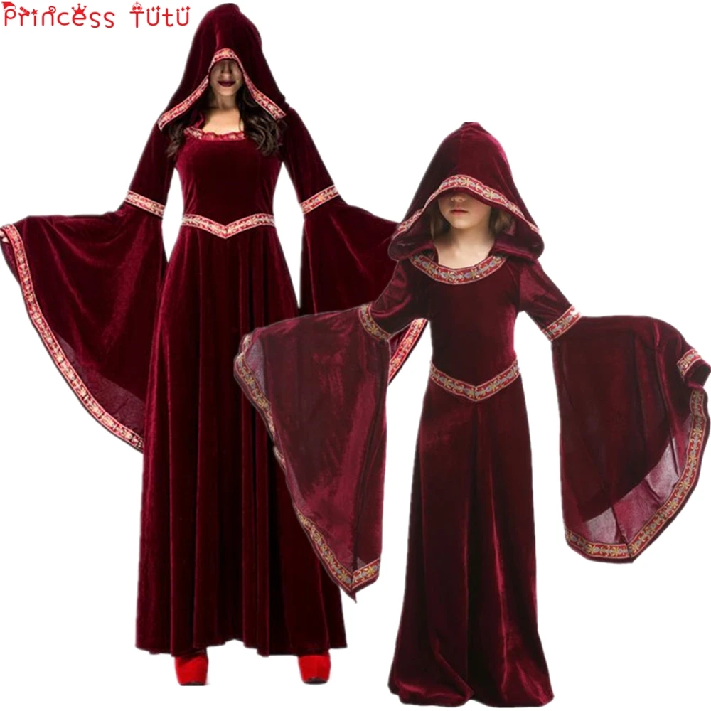 

Halloween Wine Red Vampire witch Children's Clothing Women's Party COS Performance Clothing European Medieval Retro Court Dress