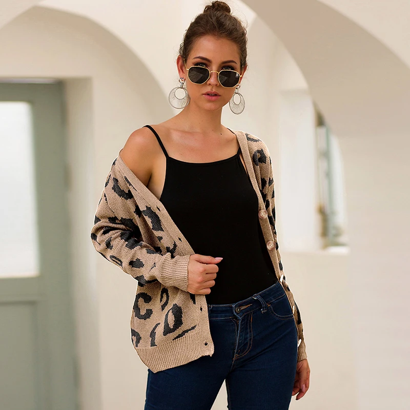 

Leopard Print Sweater Women Knitted Cardigan Color Block Open Front Button Drop Shoulder Long Sleeve Autumn Winter Knitting Coat