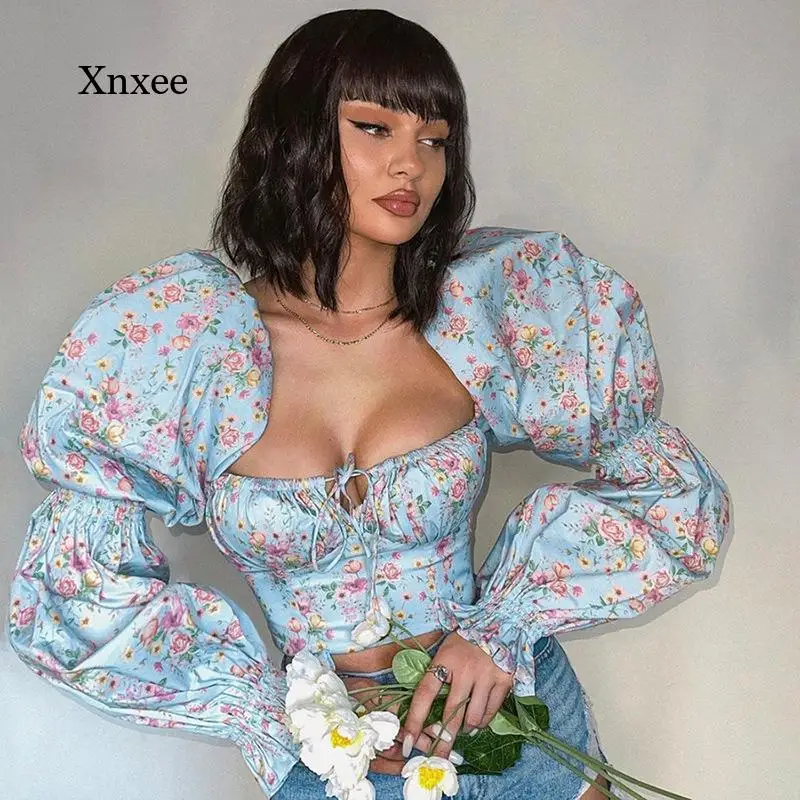

Elegant French Puff Sleeve Shirt Spring Summer Fashion Romantic Floral Square Collar Women Blouses Sexy New White Chiffon Tops