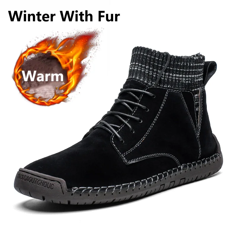 Зимние мужские ботинки; кожаная обувь; уличные Зимние ботильоны; мужские Нескользящие ботинки; Британские кроссовки; Zapatos De Hombre; большие размеры 48 - Цвет: Black Fur