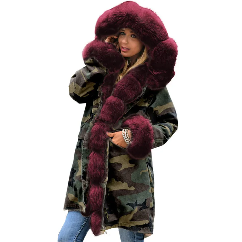 Зимняя женская куртка с капюшоном плюс пушистая подкладка с принтом камуфляжная Толстая меховая Щука воротник большой размер длинное женское пальто XL - Цвет: Красный