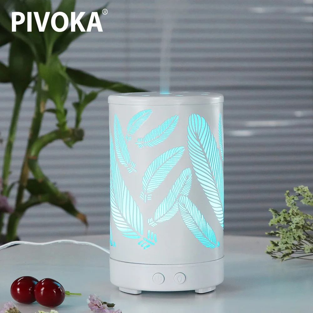 

PIVOKA Iron Feather Air Humidifier Essential Oil Aromatherapy Diffuser Mist Maker 7 LED Color Changing Light Housing 100ML