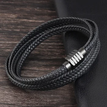 Fashion Black Genuine Leather Bracelet Black Stainless Steel Clasp Multi Layer Braid Rope Chain Wristband Vintage Gifts