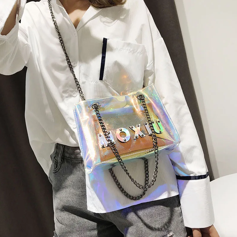 

Transparent laser lady bag chain straddling Baoxian handbag shoulder in summer new style of lady bag 2019