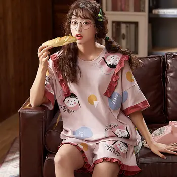 

Pajamas Women Summer Nightwear Suit Cotton Short-sleeved Shorts Cartoon Printing Korean Students Loose Suits Girls Home Clothing