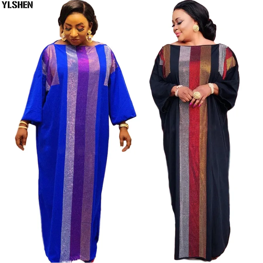 African Dresses for Women 2020 Dashiki Silk Diamonds Stripe Robe Boubou Africaine Femme Africa Maxi Dress African Clothes Ladies 14
