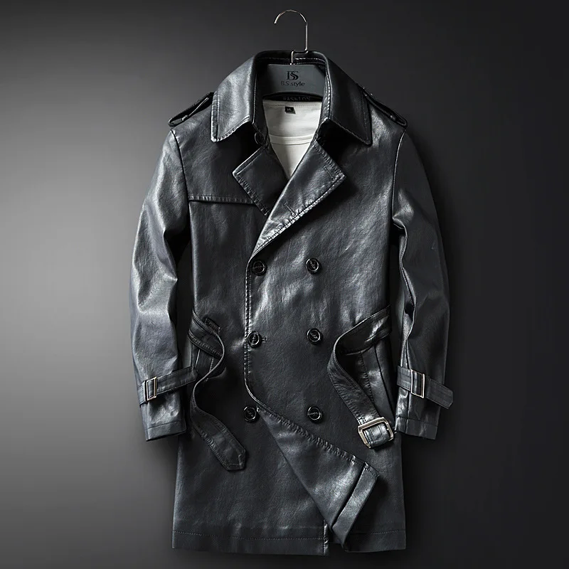 

New Style Men's Leather Wind Coat Mid-length Winter Locomotive Leather Coat Men Fold-down Collar Overcoat Casual Long Leather Co