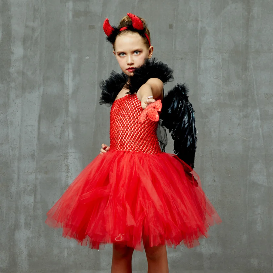Wicked Red Devil Girls Tutu Dress Kids Halloween Cosplay Carnival Party Costume Handmade Tulle Children Fancy Satan Demon Dress (5)