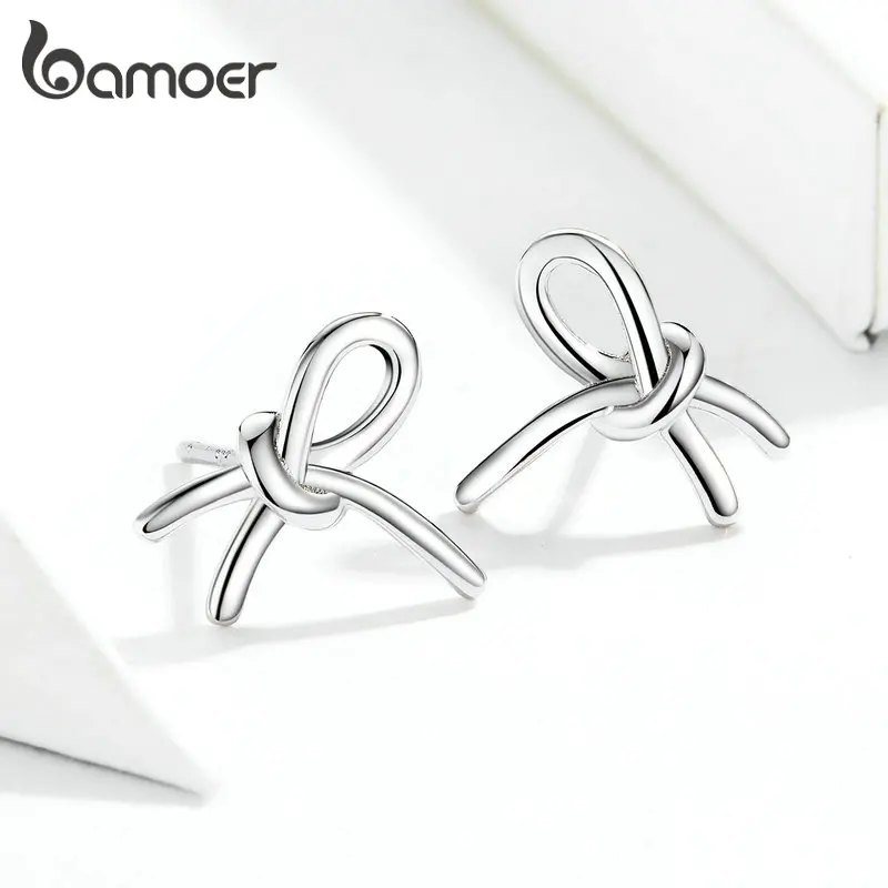 

bamoer Cross Line Bowknot Stud Earrings for Girl Kids 925 Sterling Silver Fine Jewelry Gifts Accessories GXE733
