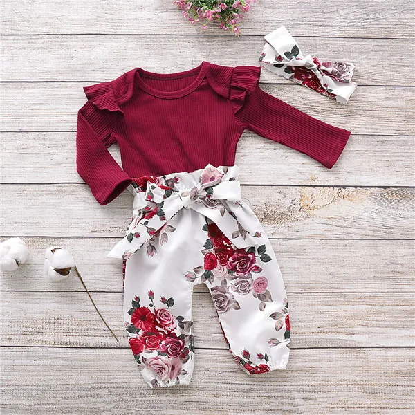 Focusnorm/комплект повседневной одежды для новорожденных девочек; топы с цветочным принтом; комбинезоны леггинсы; повязка на голову; комплект одежды из 3 предметов; США