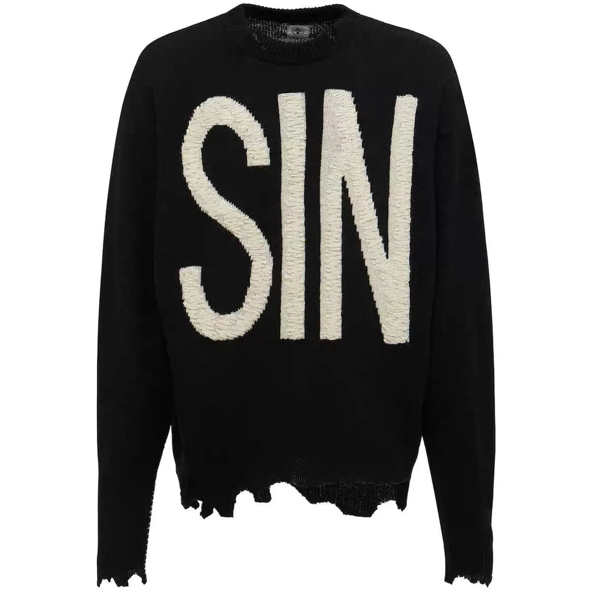 Men and Women SIN Letter Crew Neck Knitted Sweater Oversized Loose Casual Pullover Irregular Destruction Sweater mens pullover sweater