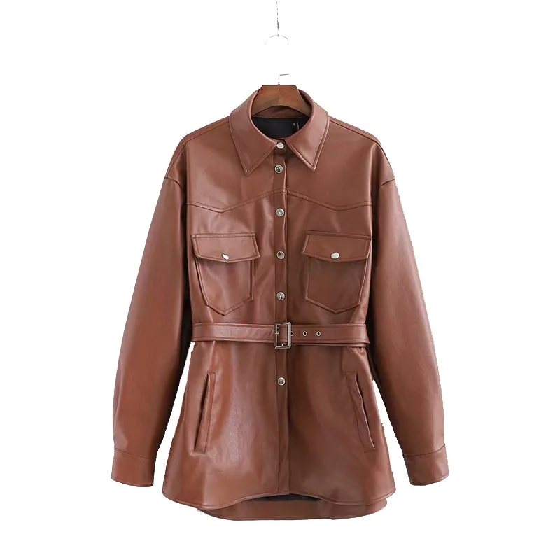 WT268 осеннее Трендовое Женское пальто цвета хаки с длинным рукавом и отложным воротником, приталенная куртка из искусственной кожи с поясом, верхняя одежда - Цвет: Коричневый
