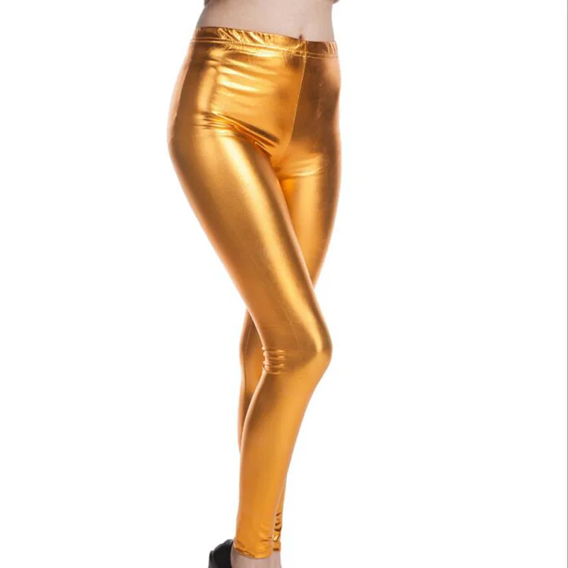 Yellow Gold Яркие разноцветные леггинсы из искусственной кожи женские блестящие брюки цвета металлик Брюки для танцев в ночном клубе Удобные леггинсы с эластичной резинкой на талии - Цвет: Yellow Gold