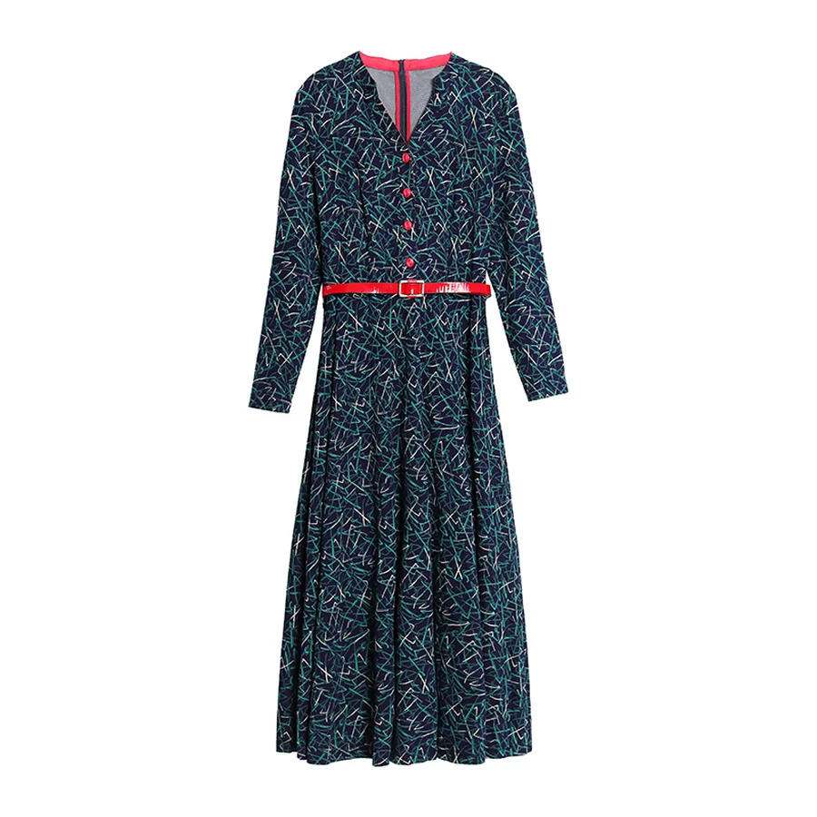 Femal Vintage Plus Size Green Print Long Sleeve Dresses Autumn Winter Chic Midi Dress Elegant Women Bodycon Party Vestidos