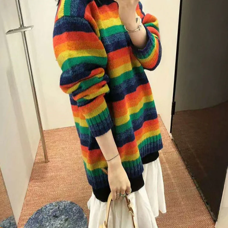 

Women Sweater2019 Autumn and Winter Rainbow Stripes Color Matching Mohair Loose Casual Sweater