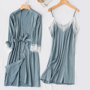 

Robe Suit Sexy Pajamas Gown Set Womens V-Neck Cami Nighties 2PC Wear Pijama Print Home Nightwear Lingerie Spring Lady Nightdress