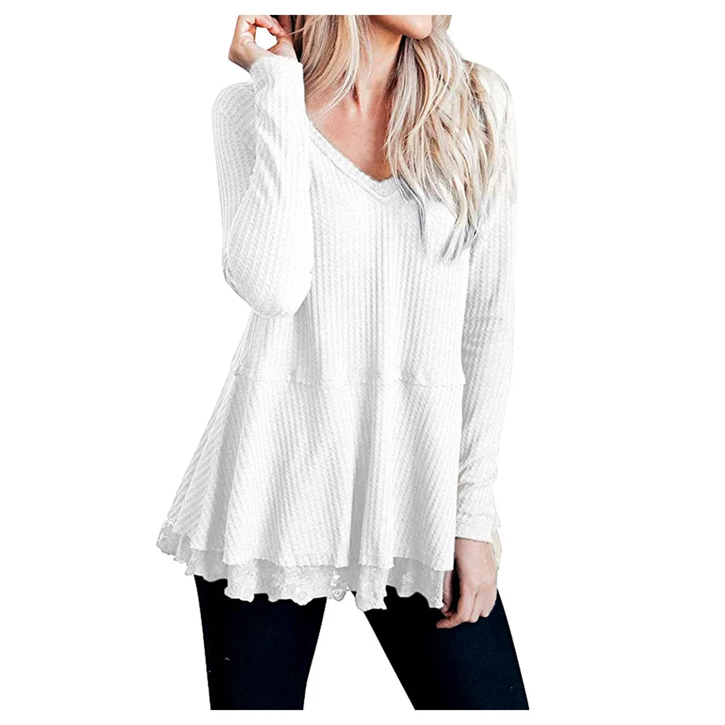 

2019 Fashion Women Blouse V-Neck Long Sleeve Solid Color Tops Casual Knit Lace Autumn Winter Warm Blouse Shirt #LR25