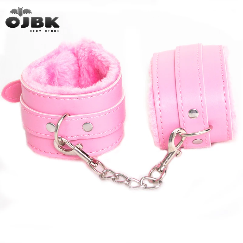 Sexy Adjustable Black Pink SM PU Leather Retro Handcuffs Fluffy Restraints BDSM Bondage Slave Adult Sex Cosplay Toys For Woman