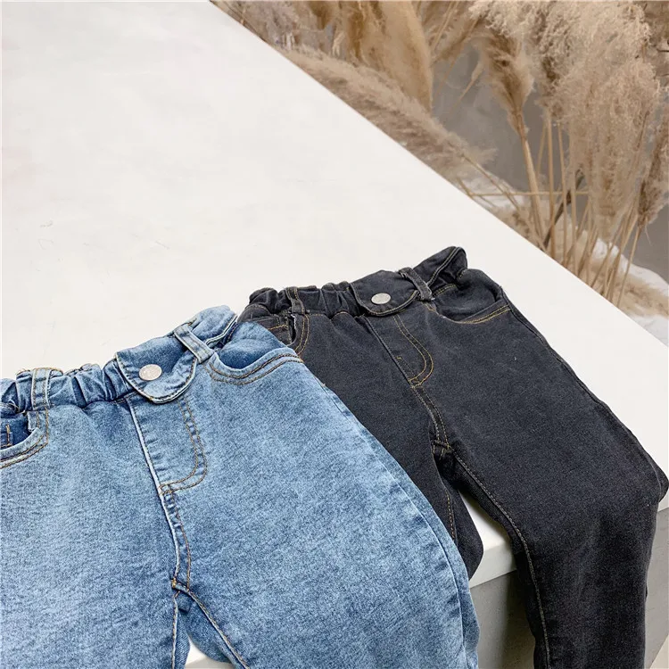 Новые зимние однотонные плюшевые эластичные джинсовые штаны для маленьких девочек детские леггинсы на пуговицах детские ковбойские брюки