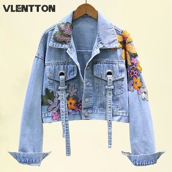 

2020 Spring Autumn Black Print Embroidery Denim Jacket Women Sequins Jeans Outwear Short Cowboy Coat Female Tops Chaqueta Mujer