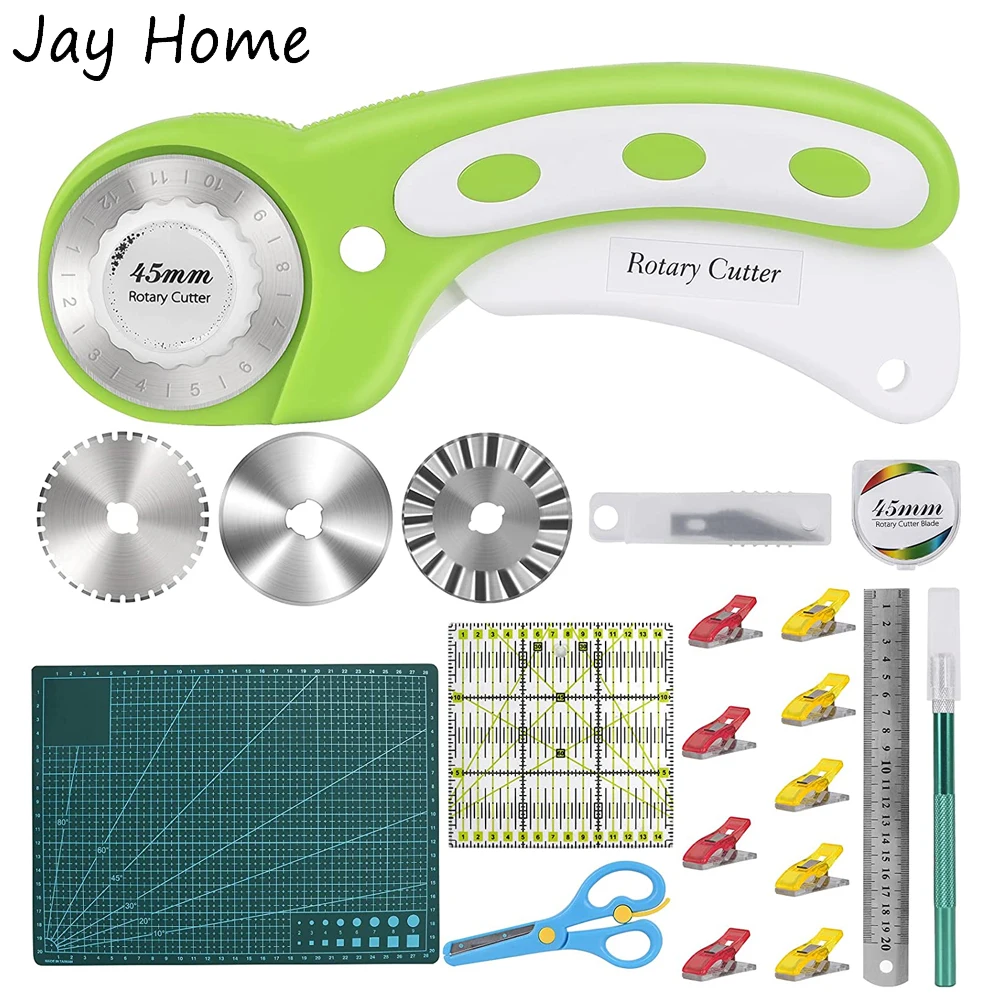 

Fabric Rotary Cutter Set 45mm Cutter Kit with Cutting Mat & Craft Knife & 3 Replacement Blade & Patchwork Ruler for Sewing Craft