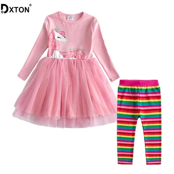 

Dxton 2PCS Girls Clothes Children Clothing Sets Long Sleeve Dress with Rainbow Pants Flowers Girls Sets Winter Kids Costume 2-8Y