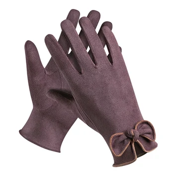 

2019 Outdoor Winter Full Finger Gloves Ladies Bow Touch Screen Warm Solid Color Mittens