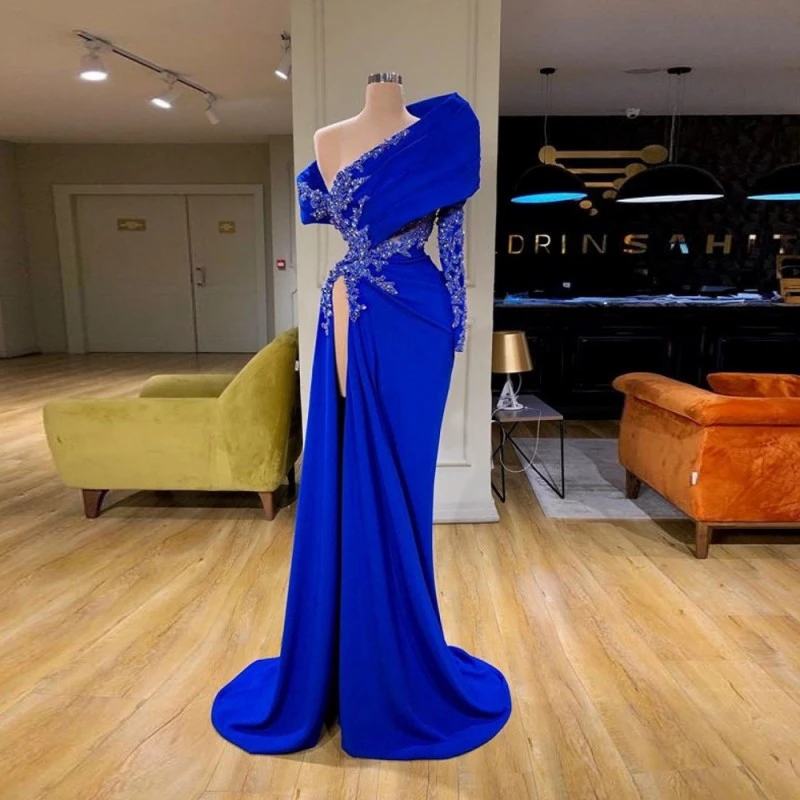 Elegant Royal Blue Evening Gowns Sexy High Slit Off The Shoulder Prom Dresses Appliques Beads Long Sleeve Mermaid Robe De Soiree simple prom dresses