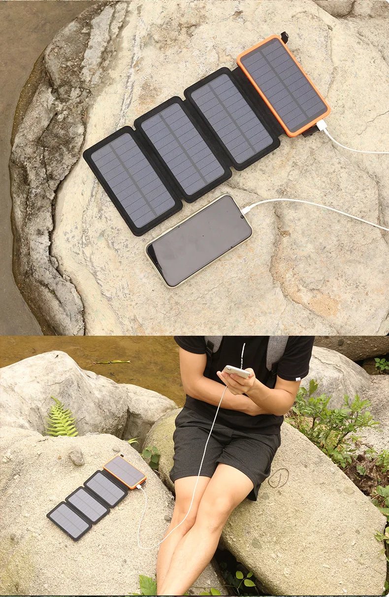 Складной солнечный банк силы 20000mAh для iPhone Xiaomi Mi банк силы портативный внешний аккумулятор водонепроницаемый повербанк с фонариком