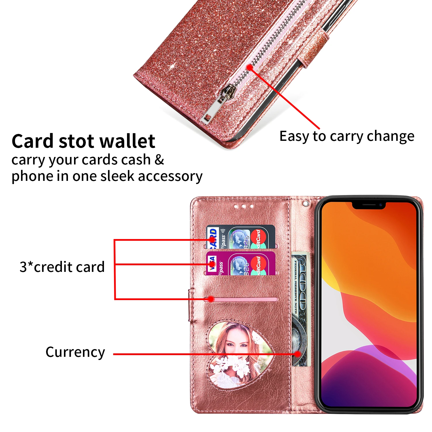 Zipper Flip Wallet Glitter Leather Bling Stand Phone Cover