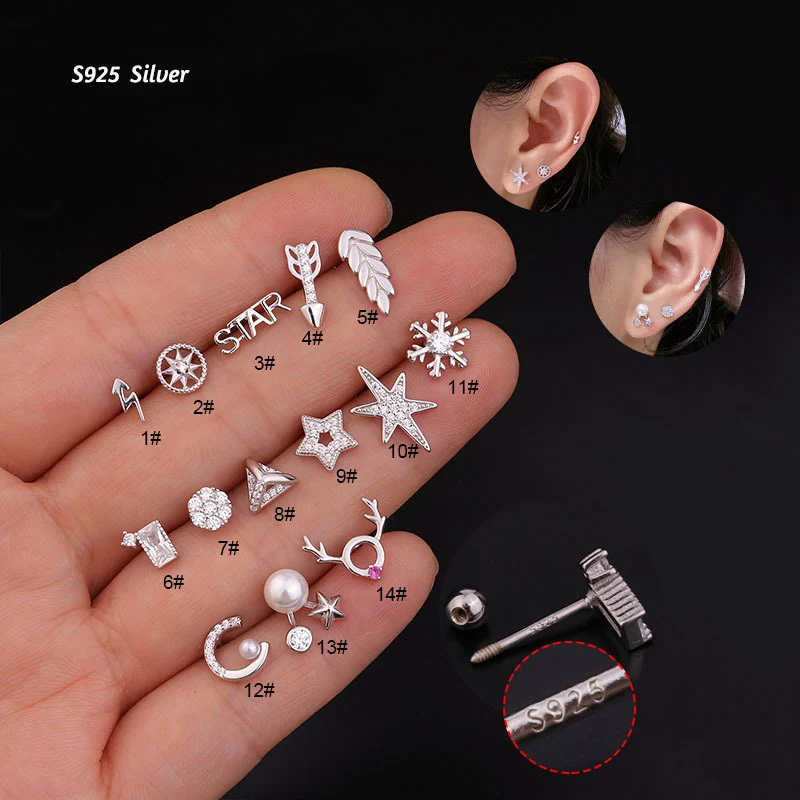1Pc 925 Sterling Silver Barbell CZ Tragus Diath Cartilage Helix Rook Piercing Earring Ear piercing Women Fashion Jewelry-0