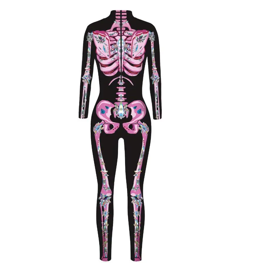 Scary Halloween Skeleton Print Costume Adult Women Horror Carnival Joking Catsuit Jumpsuit Long Sleeves Bodysuit For Lady Girls