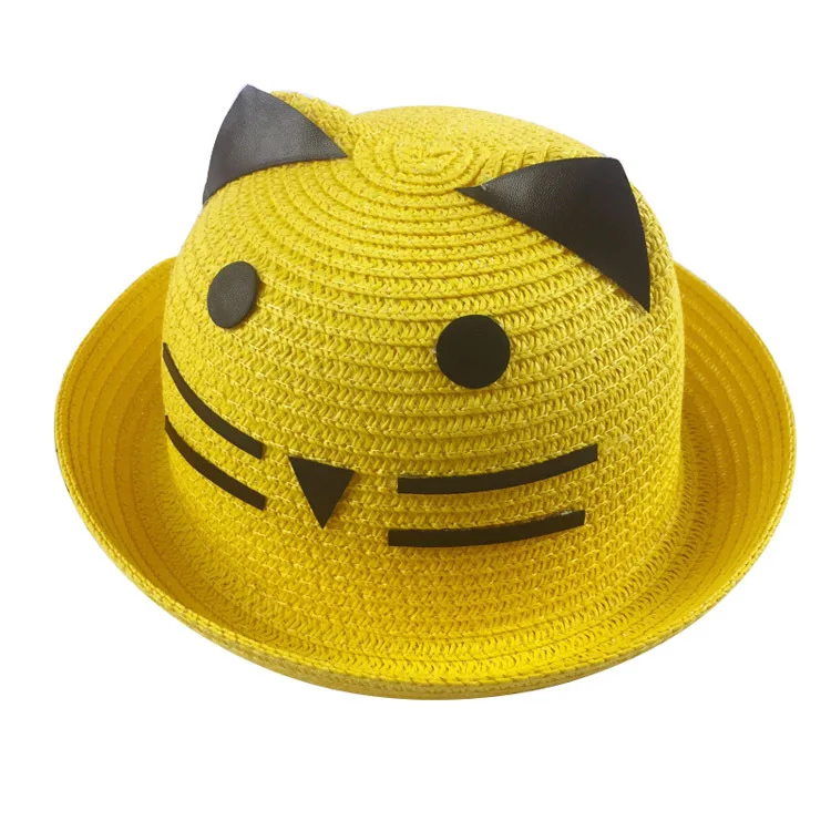 Yellow Baby Cat Straw Summer Hat With Ears Candy Color Children Panama Hats For Kids Boys Girls Cap For 1-3 Years - Цвет: Yellow