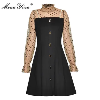 

MoaaYina Fashion Designer dress Autumn Women's Dress Stand collar Dots Long sleeve Slim Elegant Dresses