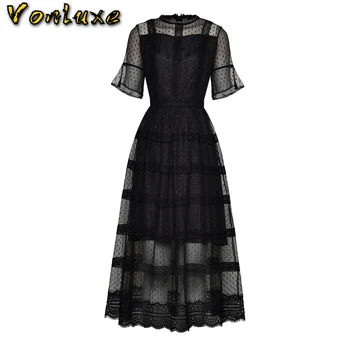 

Round Neck Short Sleeve Perspective Screen Tray Embroidery Waist Thick And Disorderly Will Pendulum Long Fund Dress 2020