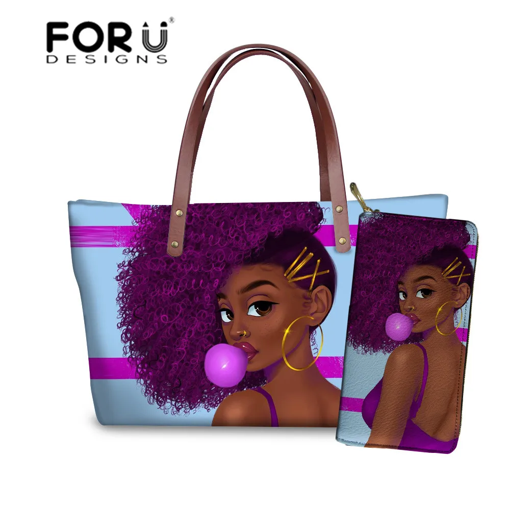 YQ4083ALZ21 FORUDESIGNS бренд класса люкс дизайн Сумки женский, черный арт в африканском стиле, для девочек, 2 предмета в наборе, шт./компл. ручная сумка& кошелек женские сумки с верхней ручкой - Цвет: YQ4083ALZ21