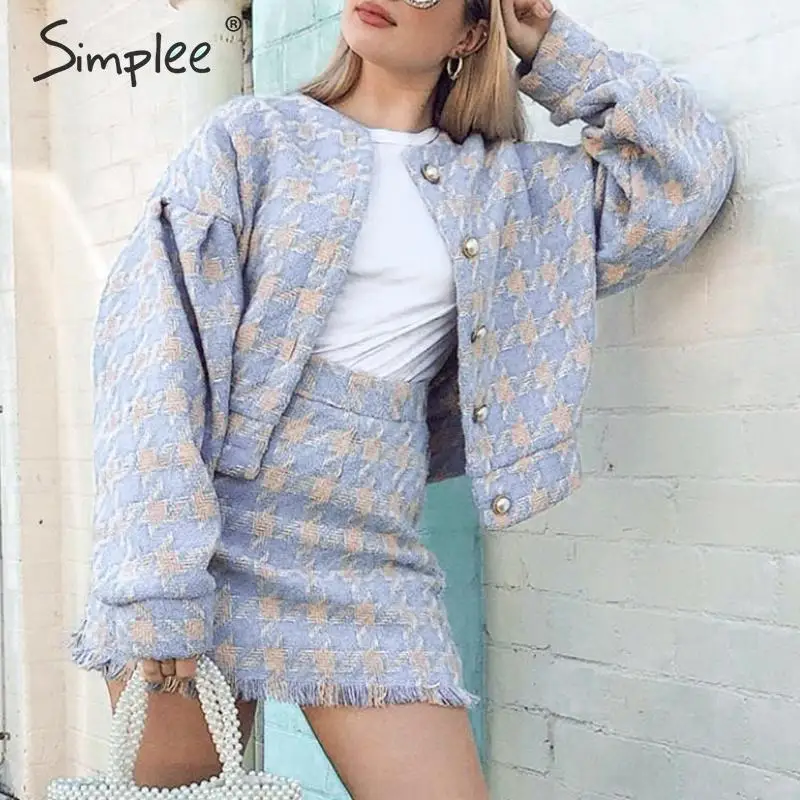 

Simplee Chic streetwear plaid jacket sets Buttons autumn winter female mini skirt suits Puff sleeve tassel ladies coat sets 2019