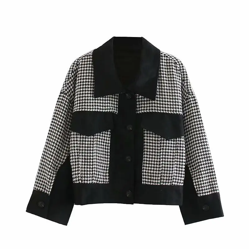 Houndstooth Куртки в ломаную клетку, женские модные пальто, женские элегантные однобортные куртки с длинным рукавом, женское повседневное свободное короткое пальто - Цвет: Houndstooth