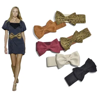 

Designer brands Fashion Women white Leopard Suede Elastic Belt Bow Wide Stretch leather belt harajuku Style belt dresses women